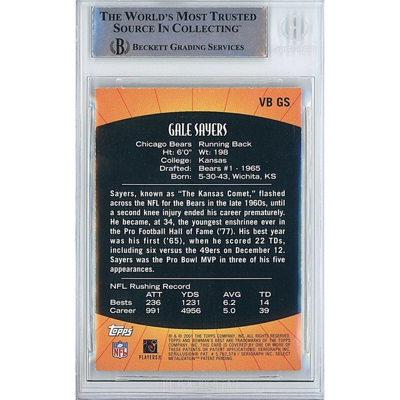 Gale Sayers Chicago Bears Autographed 2001 Bowman Best Card Beckett Authentic - Picture 2 of 4